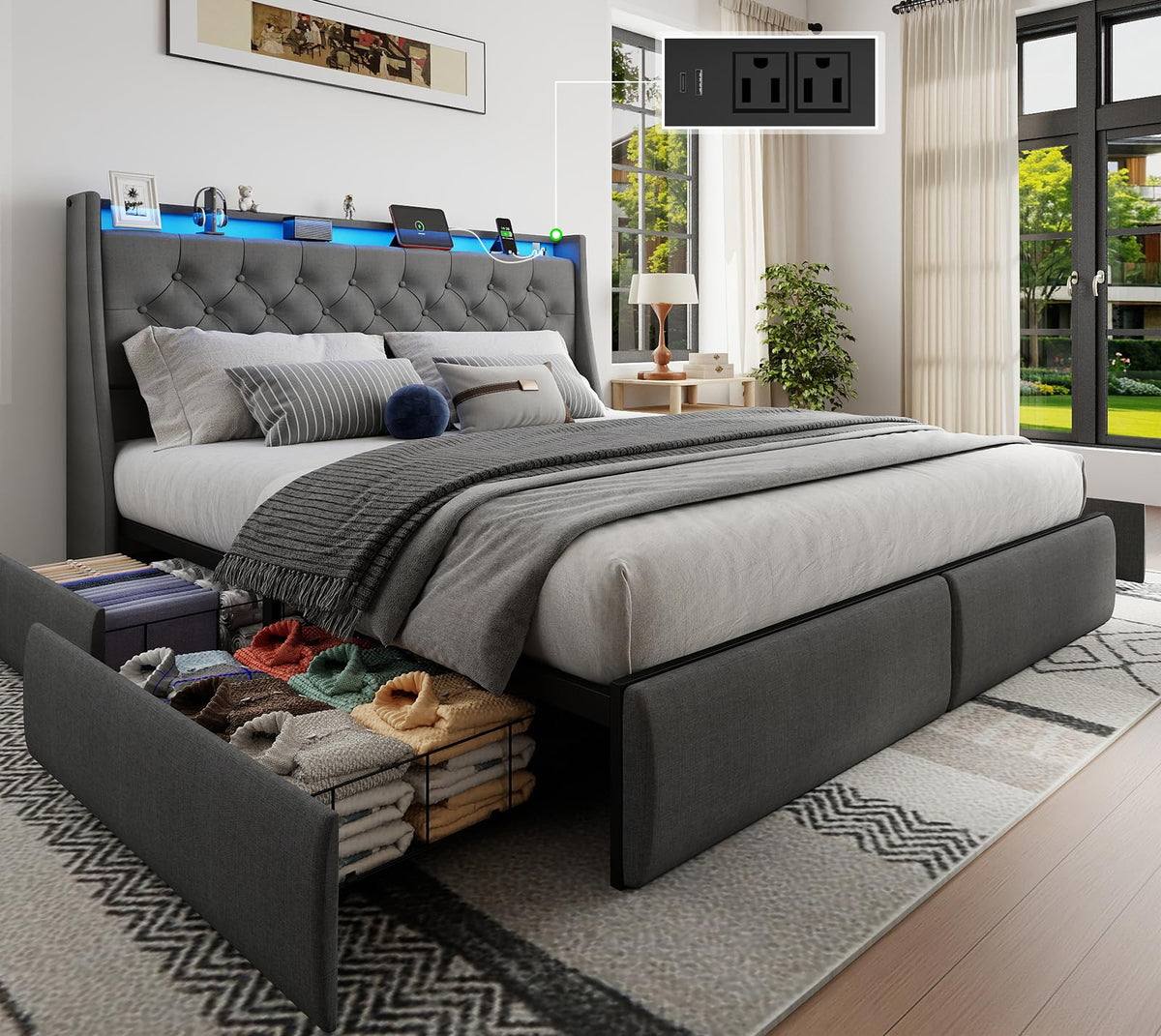 Queen Size Upholstered Bed Frame with 4 Storage Drawers T81264