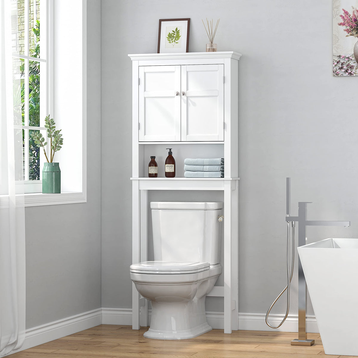 Over the Toilet Storage Cabinet with Doors and Adjustable Shelf V378