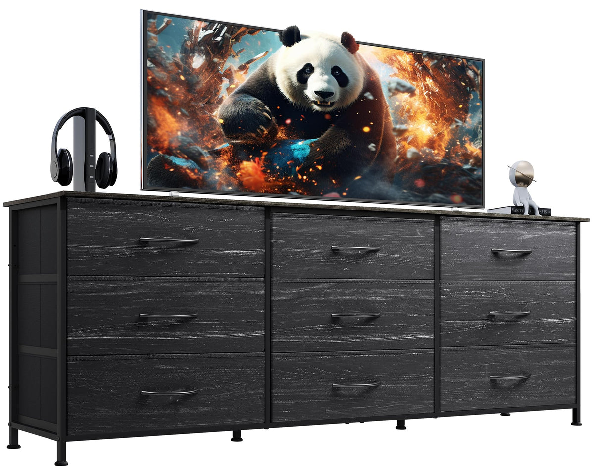 Black 9 Drawer Wood Dresser TV Stand P2681