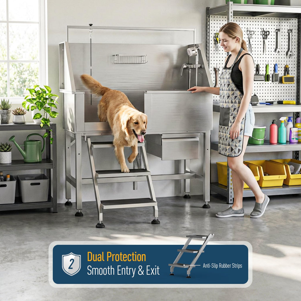 46" Stainless Steel Dog Washing Station with Removable Left Ramp & Storage Drawer B86502