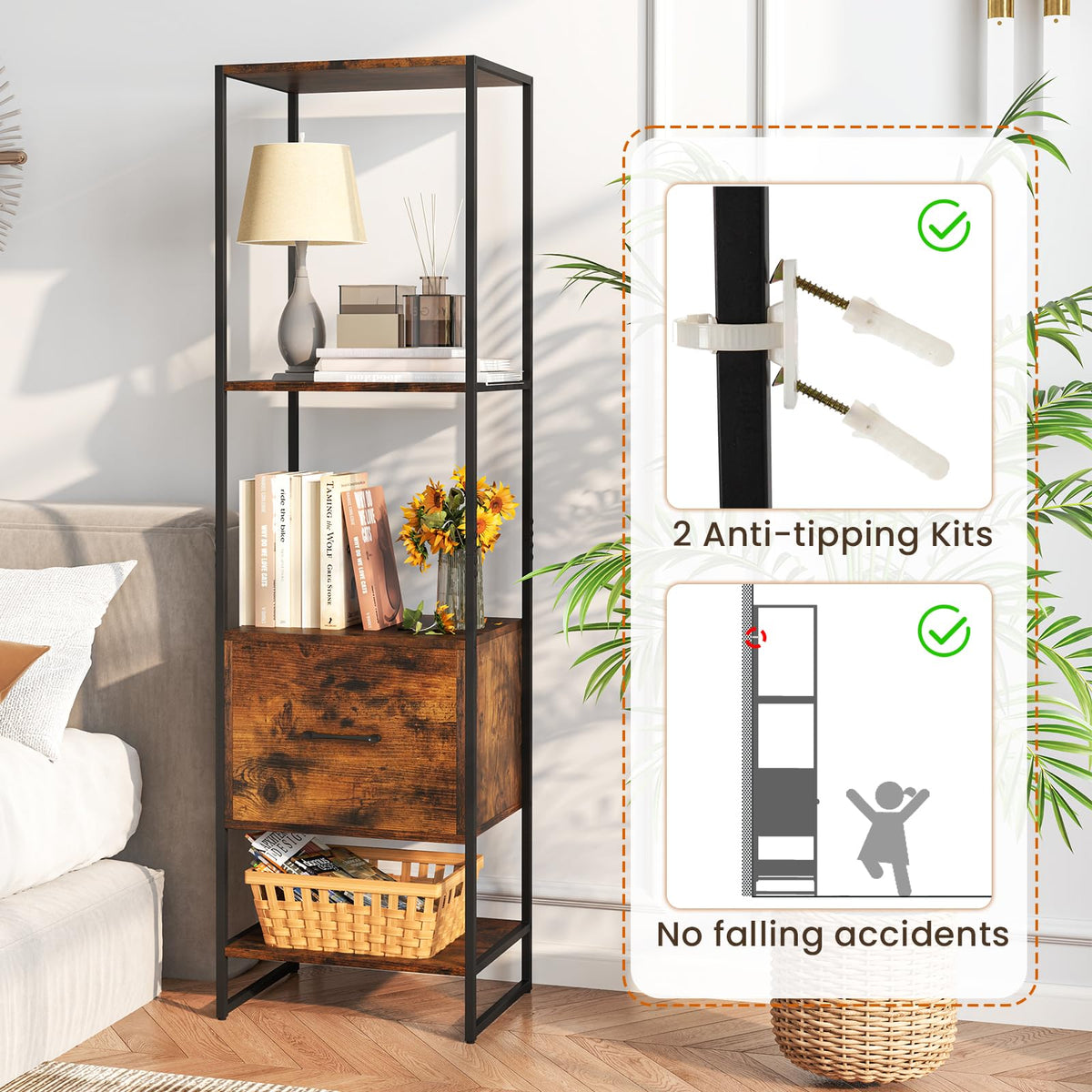 5-Tier Bookshelf with Drawer Narrow Bookcase L76755