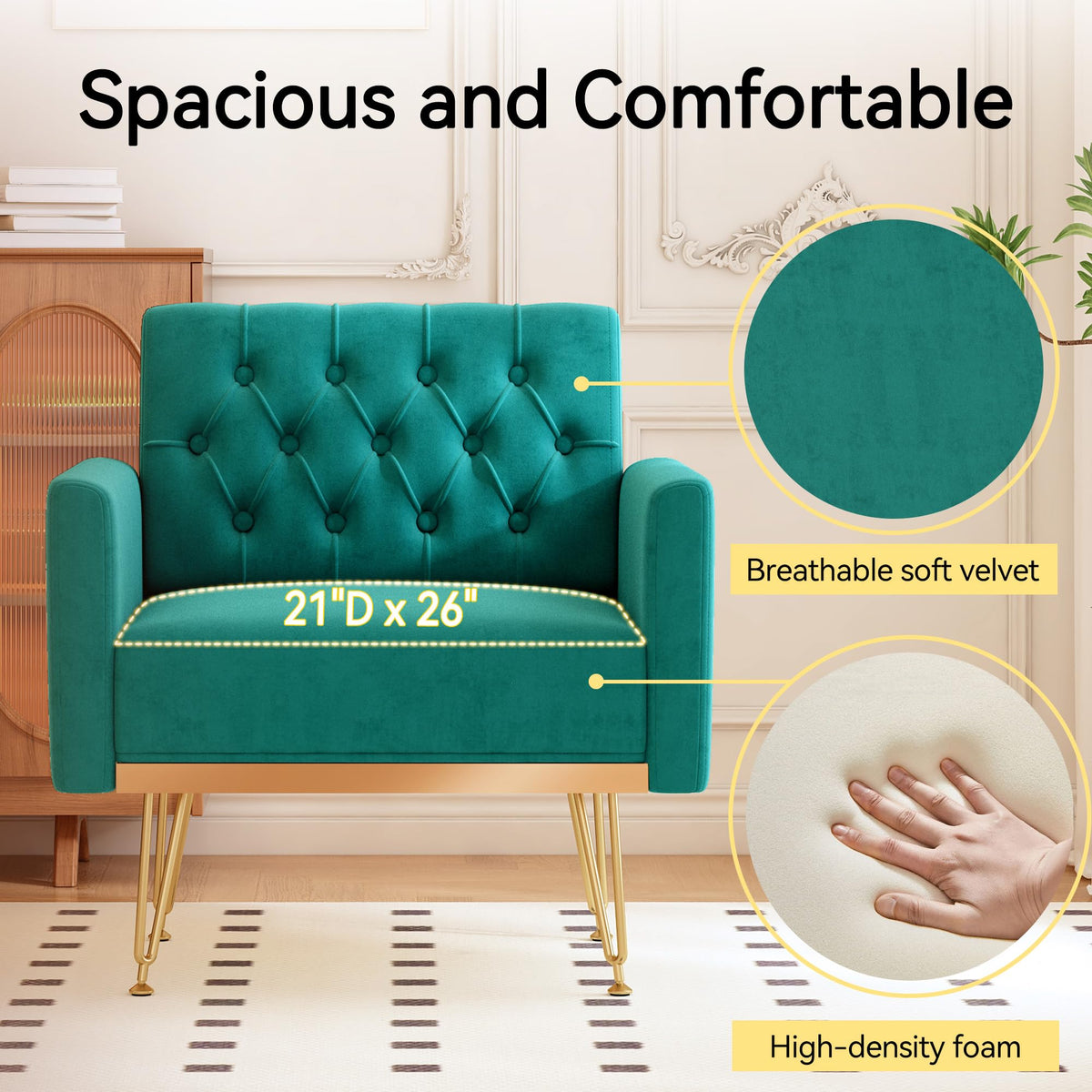 Oversized Velvet Tufted Accent Chair with Gold Legs I687656