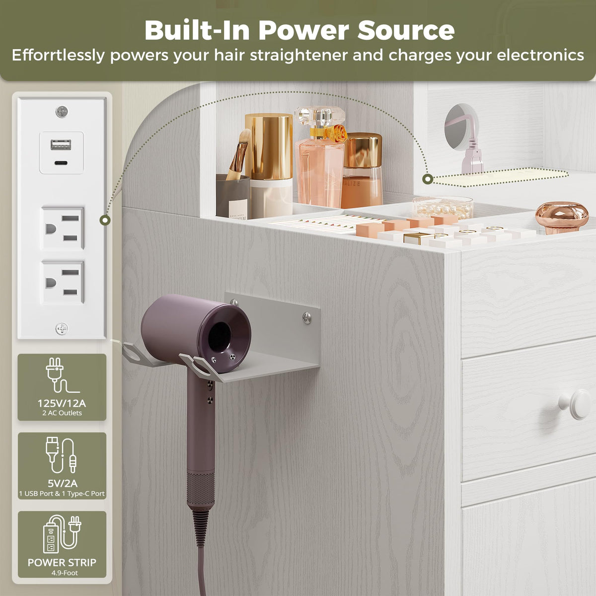 White Vanity Desk with Mirror & Power Outlet S73649