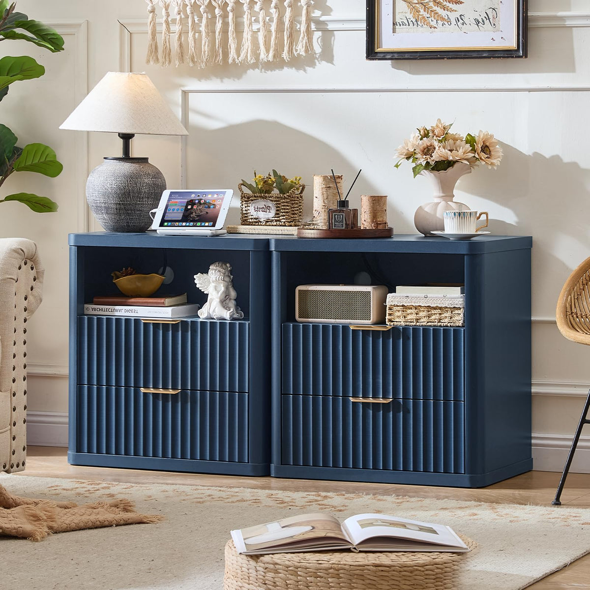 Blue 2 Drawer Fluted Nightstand with Charging Station M5559