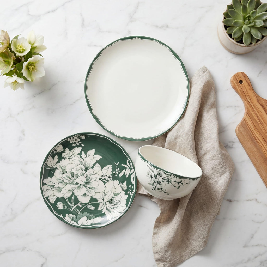 12-Piece Porcelain Dinnerware Set for 4, White & Sage Green Plates and Bowls Set B408