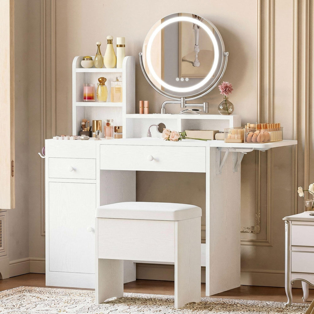 White Vanity Desk with Mirror & Power Outlet S73649