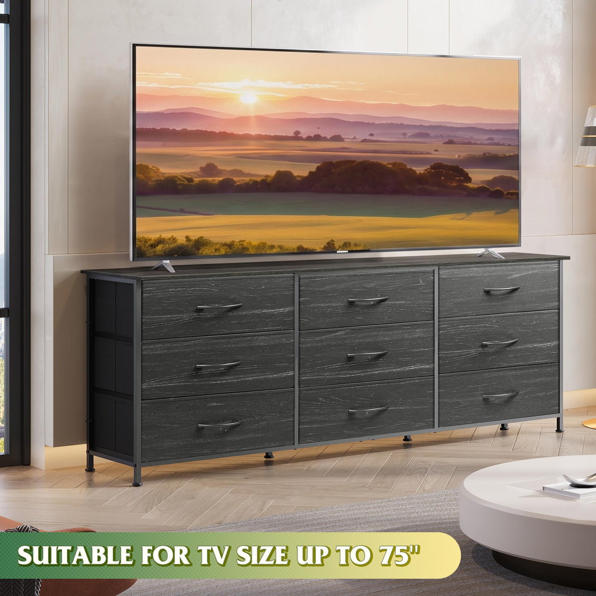 Black 9 Drawer Wood Dresser TV Stand P2681