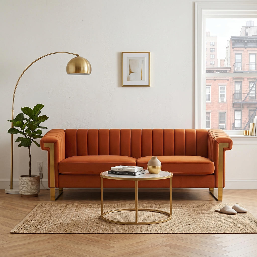 Orange Velvet 3 Seater Sofa with Gold Metal Legs U415
