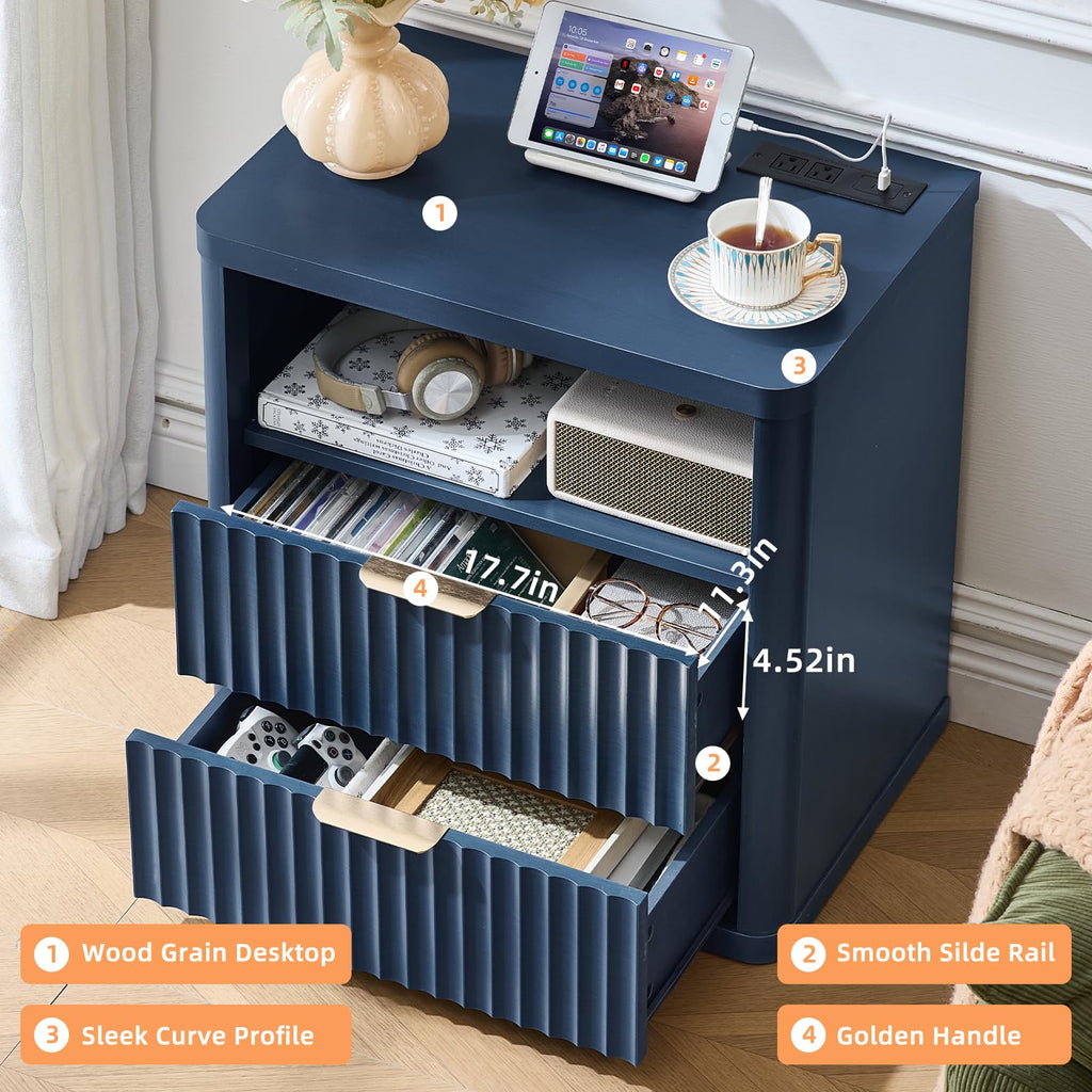 Blue 2 Drawer Fluted Nightstand with Charging Station M5559