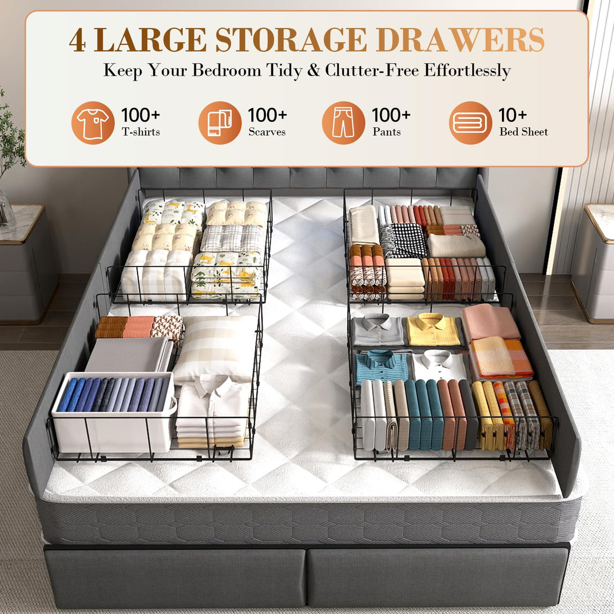 Queen Size Upholstered Bed Frame with 4 Storage Drawers T81264