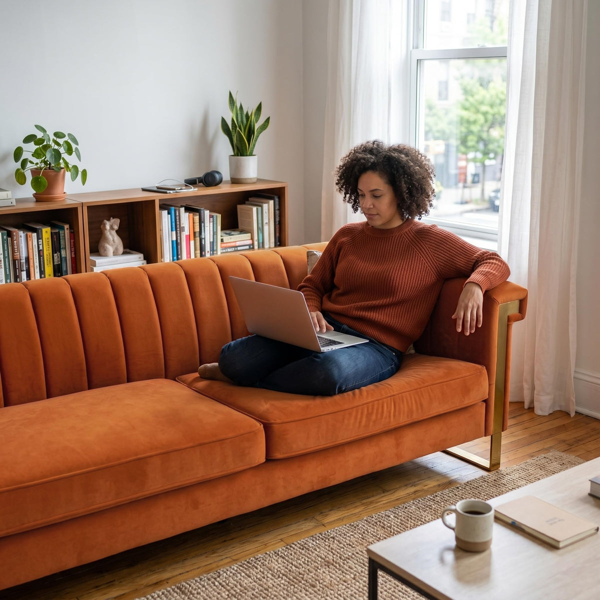 Orange Velvet 3 Seater Sofa with Gold Metal Legs U415