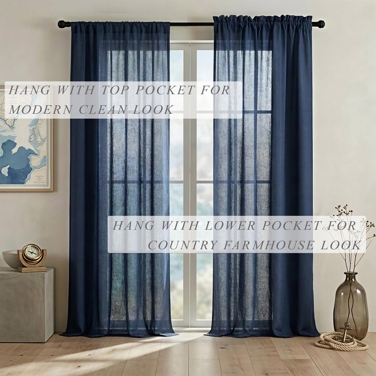 Navy Blue Linen Curtains 96 Inches Long Rod Pocket Semi Sheer Cotton Canvas L1229