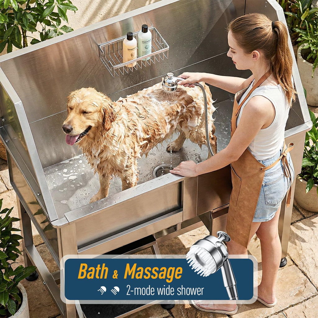 46" Stainless Steel Dog Washing Station with Removable Left Ramp & Storage Drawer B86502