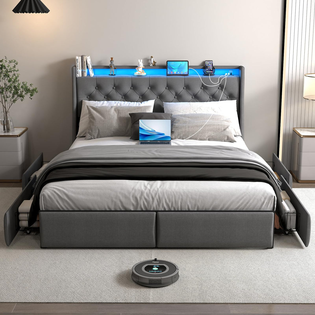 Queen Size Upholstered Bed Frame with 4 Storage Drawers T81264