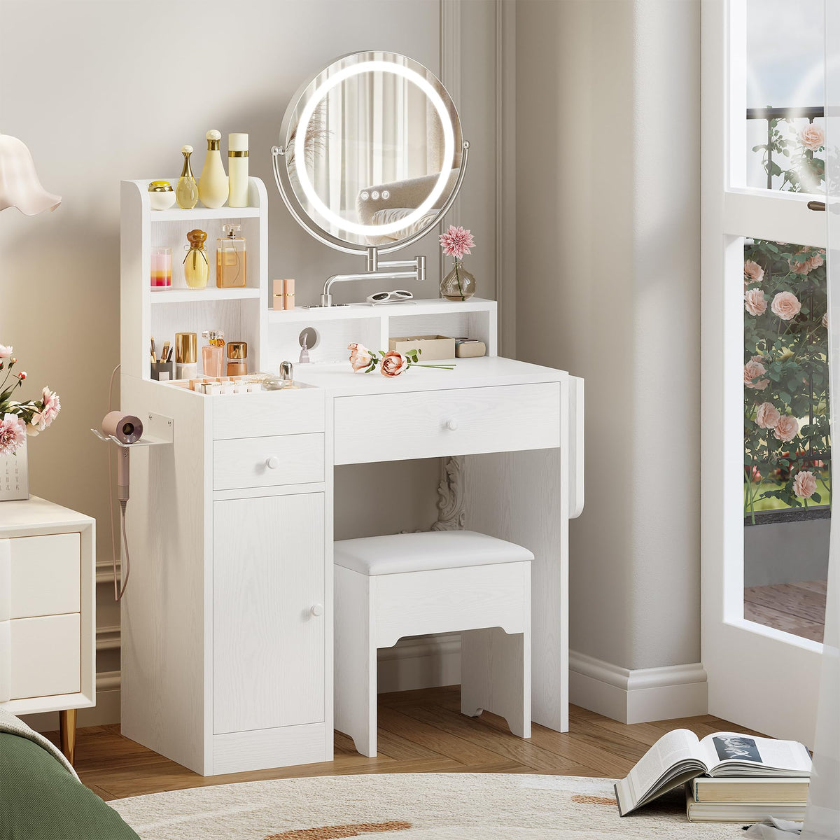 White Vanity Desk with Mirror & Power Outlet S73649