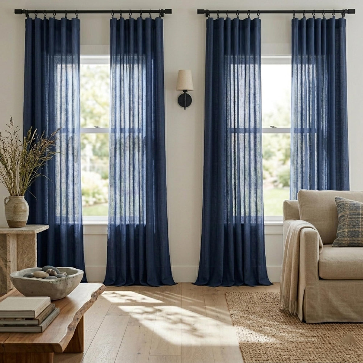 Navy Blue Linen Curtains 96 Inches Long Rod Pocket Semi Sheer Cotton Canvas L1229