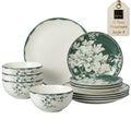 12-Piece Porcelain Dinnerware Set for 4, White & Sage Green Plates and Bowls Set B408