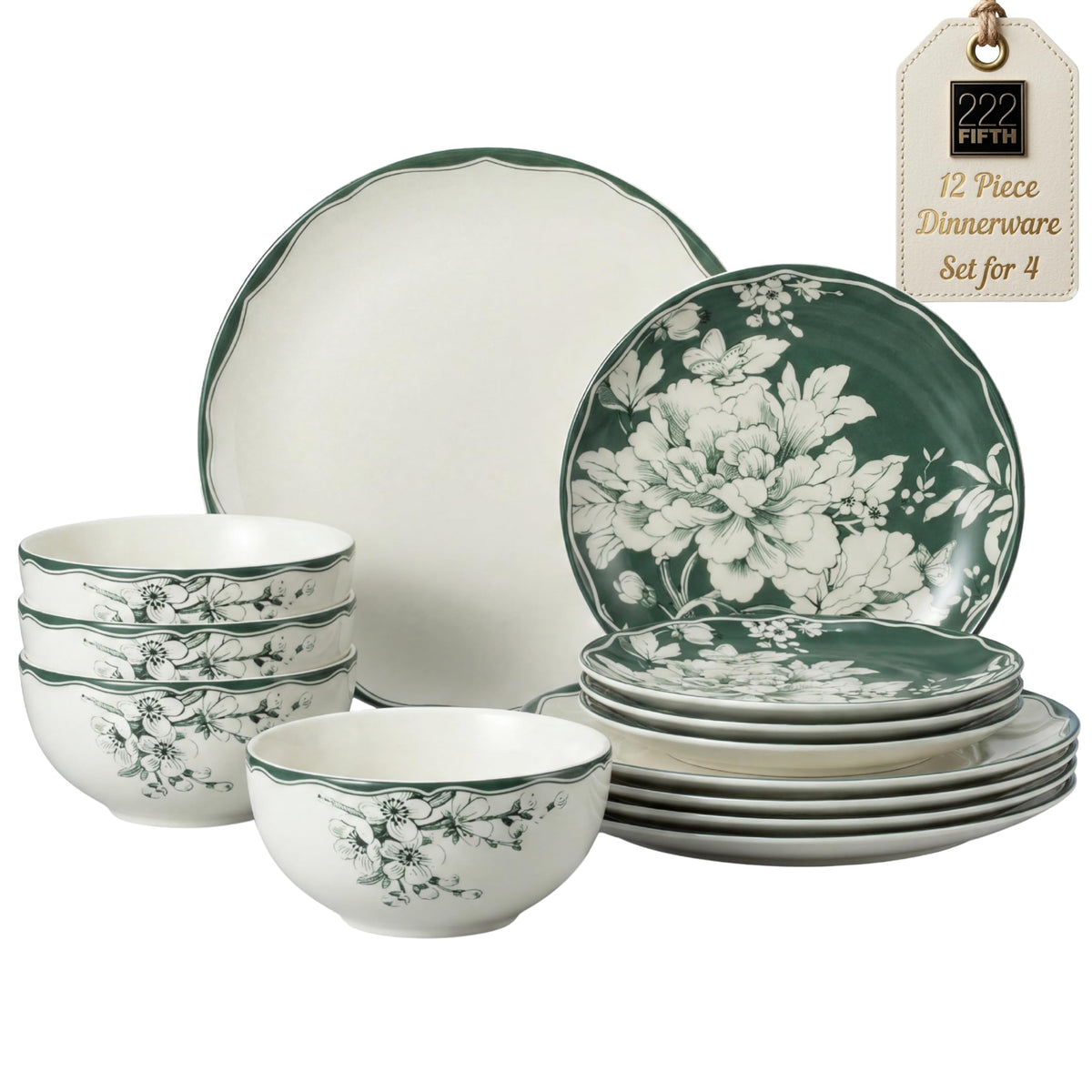 12-Piece Porcelain Dinnerware Set for 4, White & Sage Green Plates and Bowls Set B408