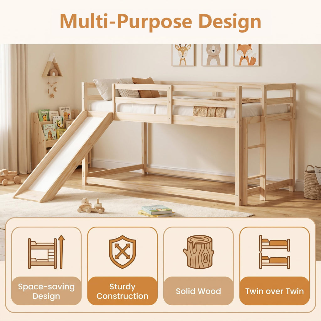 Twin Over Twin Solid Wood Bunk Bed with Slide and Ladder M967713