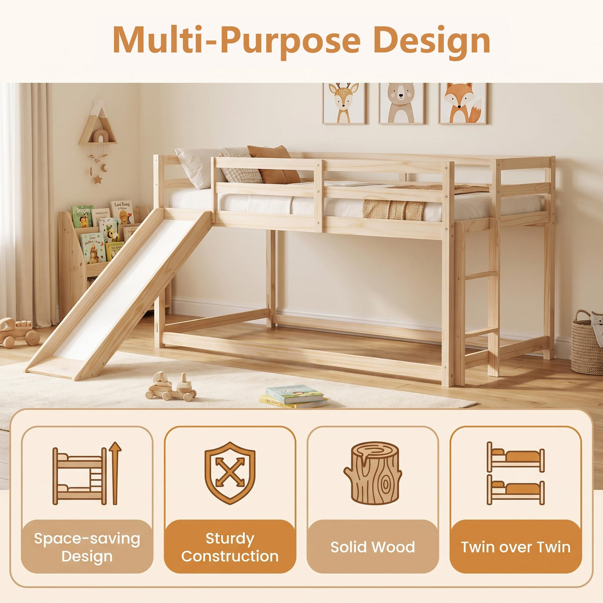 Twin Over Twin Solid Wood Bunk Bed with Slide and Ladder M967713