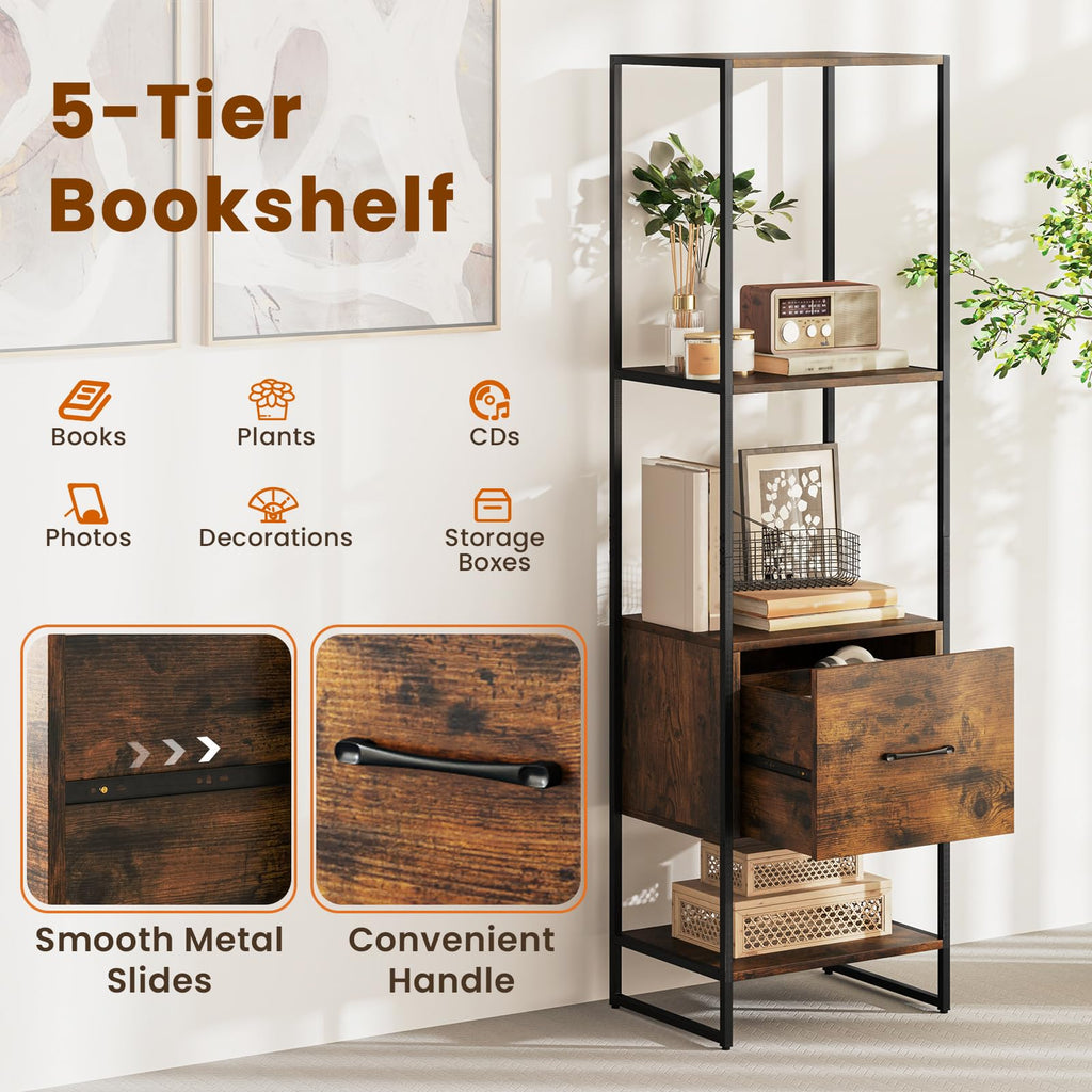5-Tier Bookshelf with Drawer Narrow Bookcase L76755