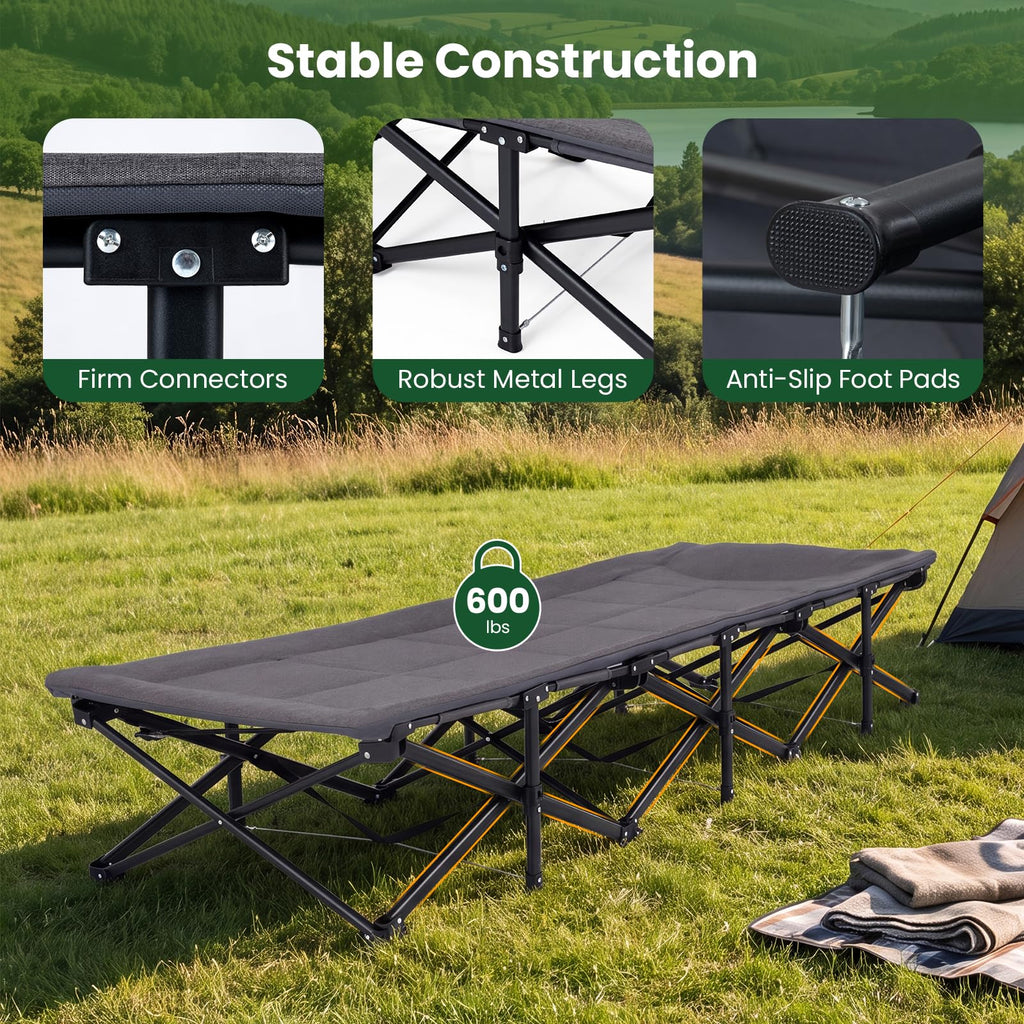 Camping Cot with Padded Pillow, Carry Bag, 600 lbs, Grey F29599