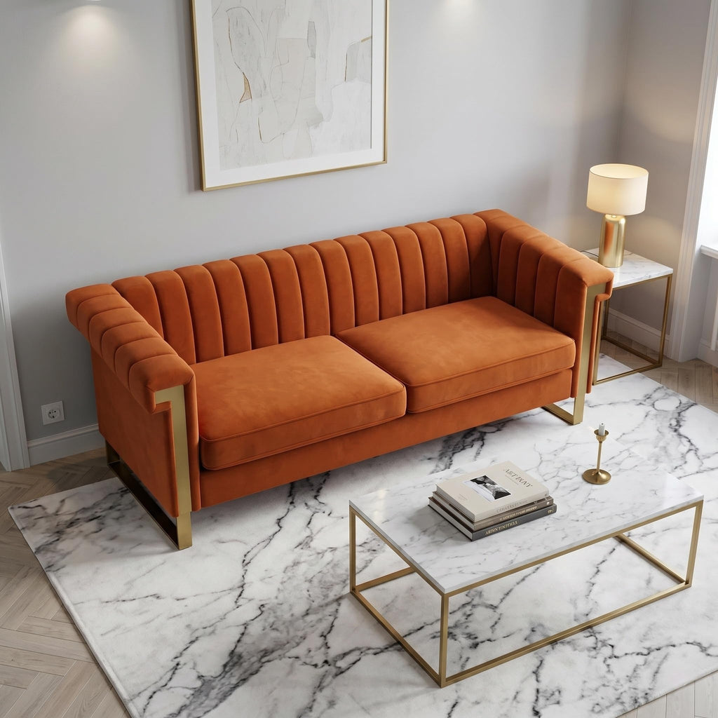 Orange Velvet 3 Seater Sofa with Gold Metal Legs U415