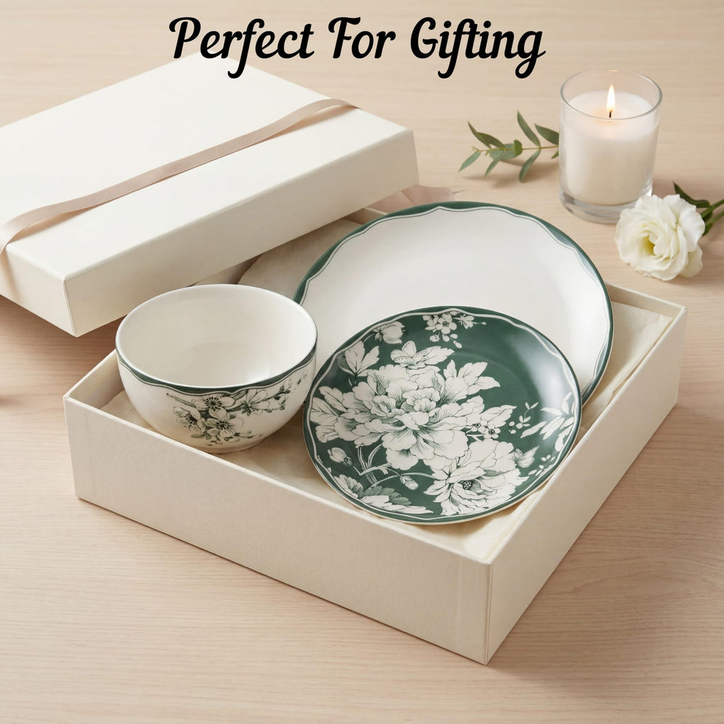 12-Piece Porcelain Dinnerware Set for 4, White & Sage Green Plates and Bowls Set B408