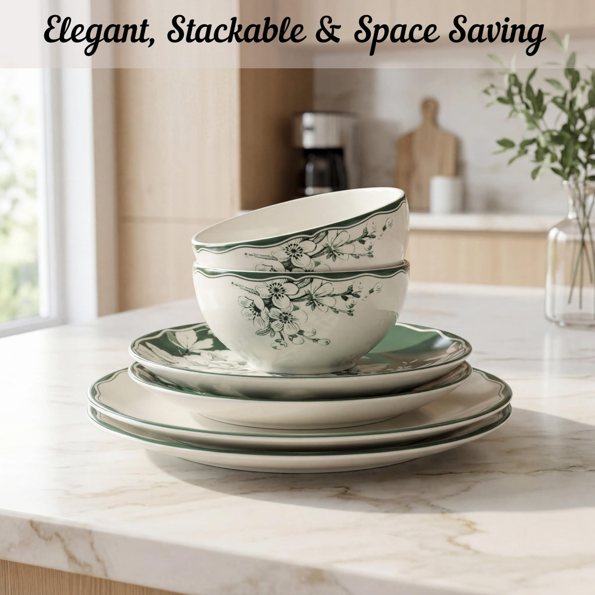 12-Piece Porcelain Dinnerware Set for 4, White & Sage Green Plates and Bowls Set B408