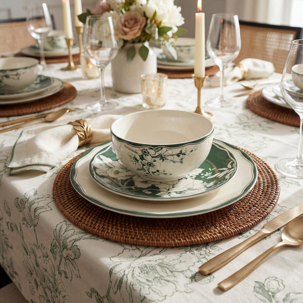 12-Piece Porcelain Dinnerware Set for 4, White & Sage Green Plates and Bowls Set B408