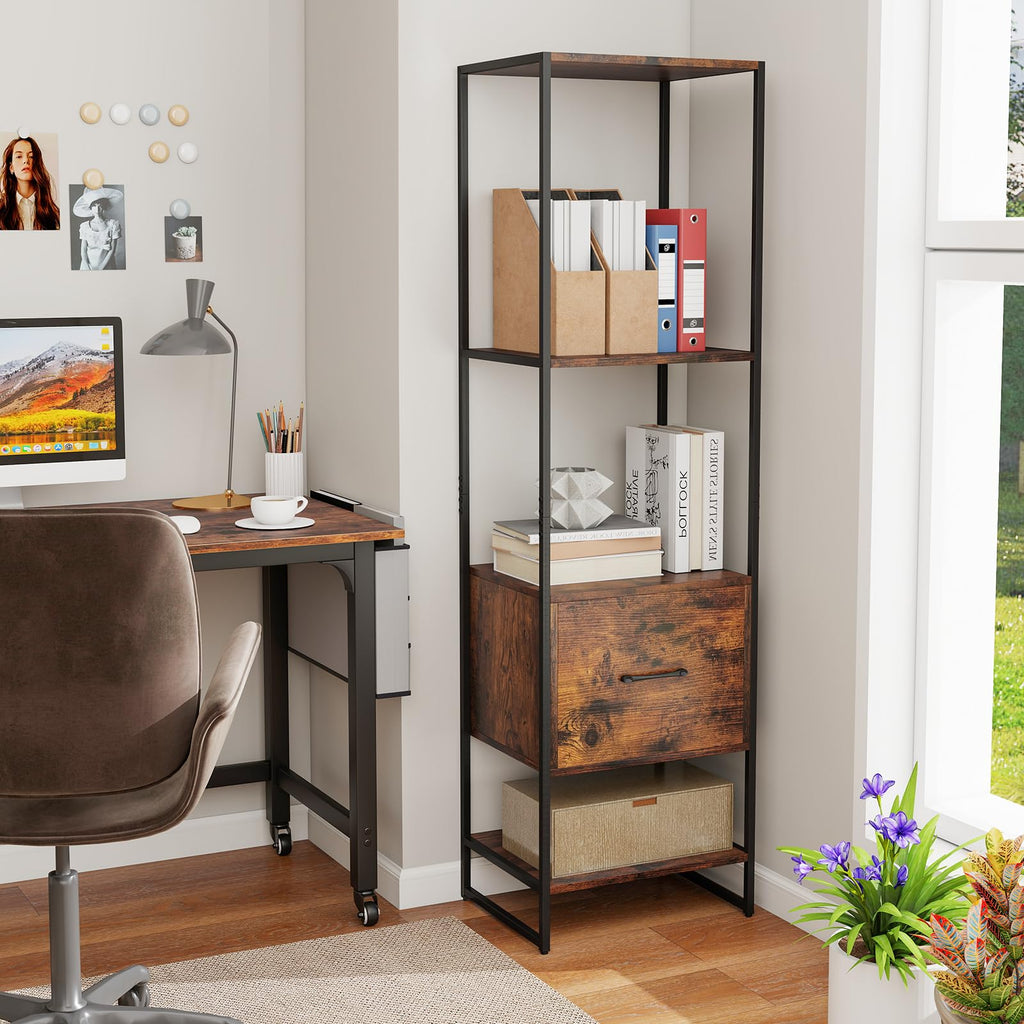 5-Tier Bookshelf with Drawer Narrow Bookcase L76755