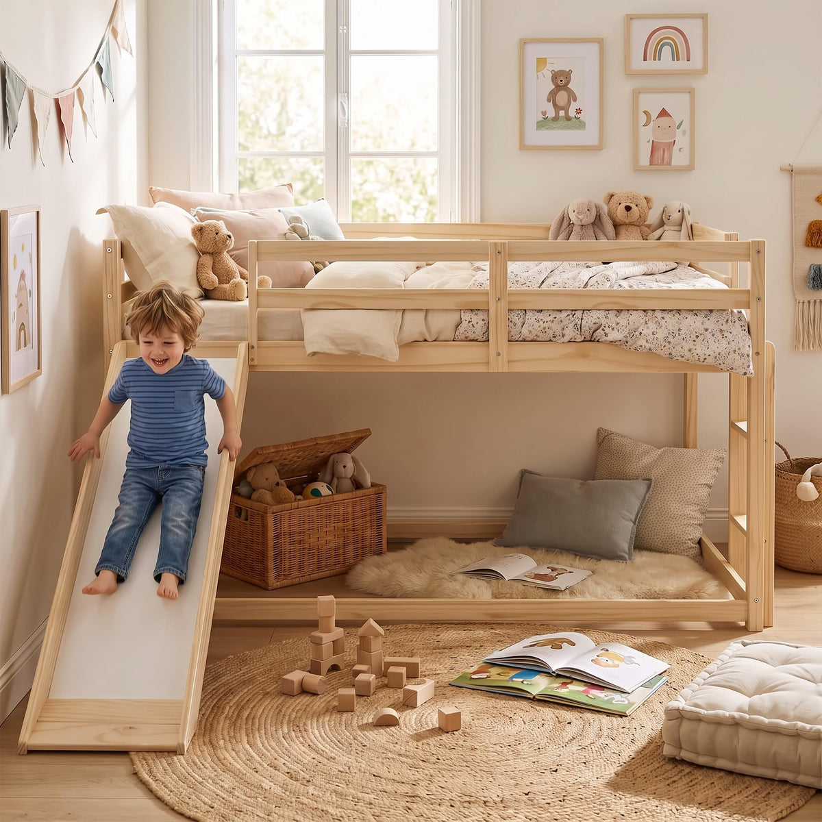 Twin Over Twin Solid Wood Bunk Bed with Slide and Ladder M967713