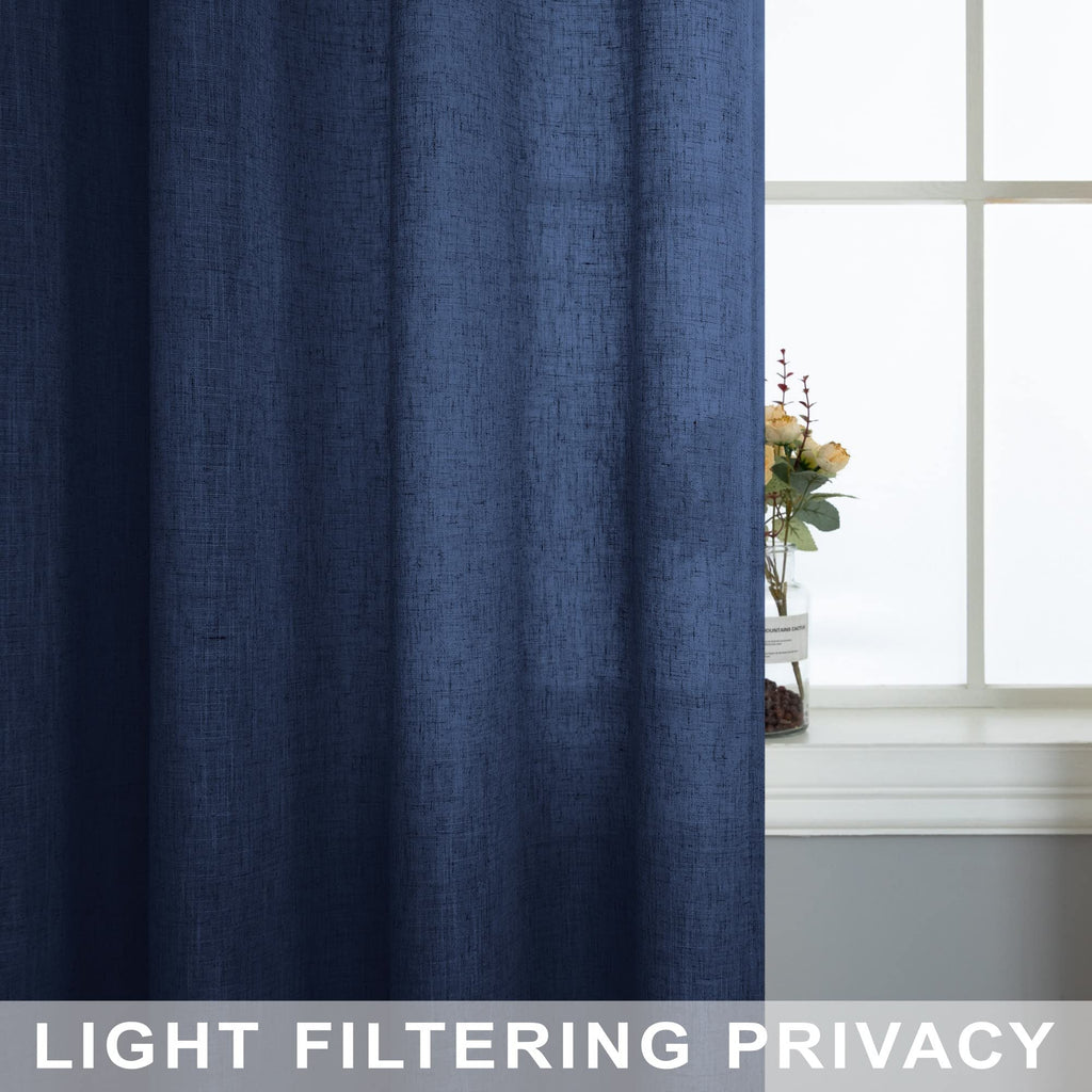Navy Blue Linen Curtains 96 Inches Long Rod Pocket Semi Sheer Cotton Canvas L1229