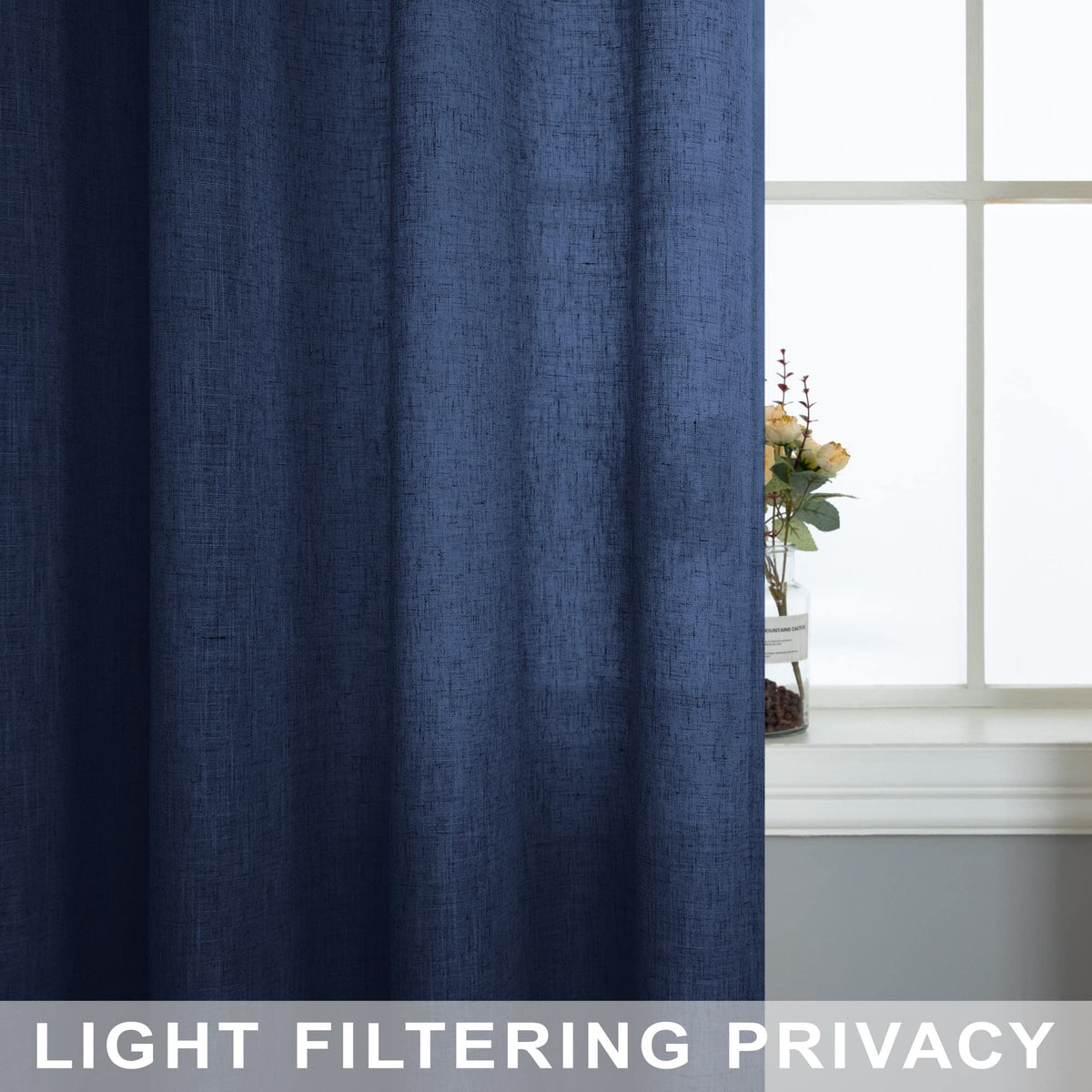 Navy Blue Linen Curtains 96 Inches Long Rod Pocket Semi Sheer Cotton Canvas L1229