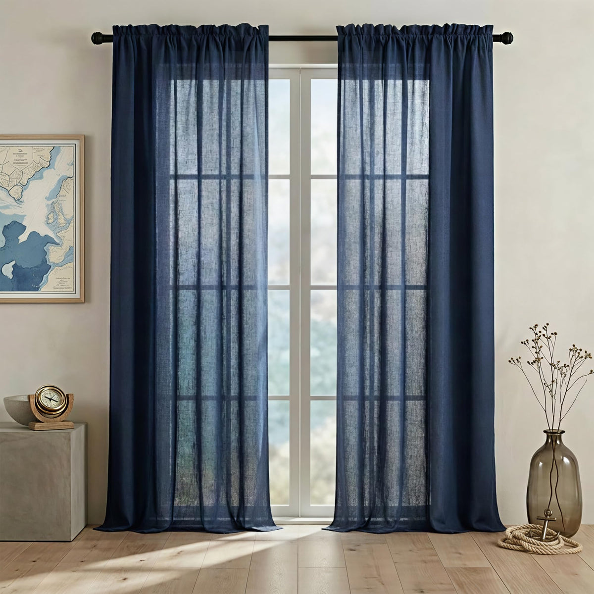 Navy Blue Linen Curtains 96 Inches Long Rod Pocket Semi Sheer Cotton Canvas L1229