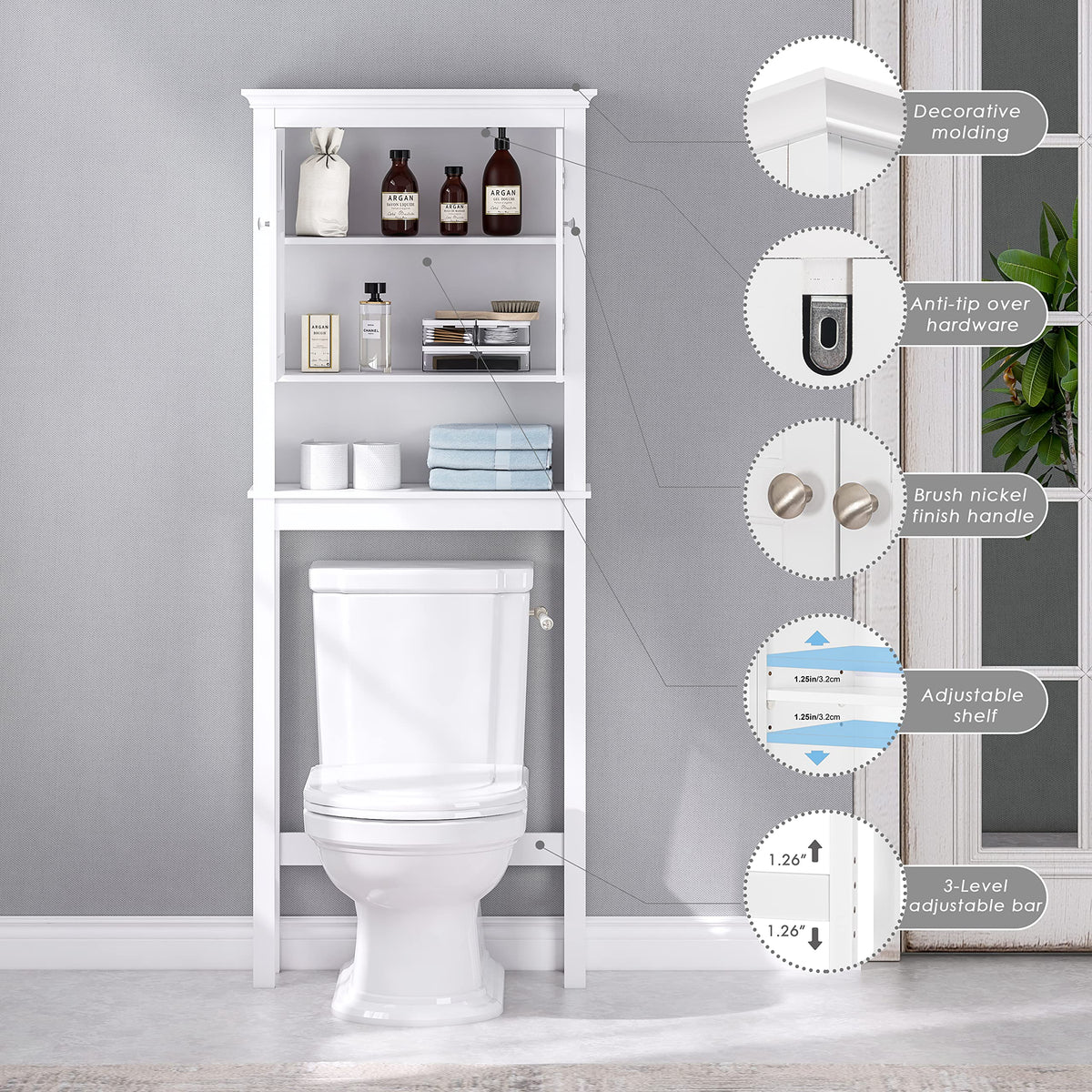 Over the Toilet Storage Cabinet with Doors and Adjustable Shelf V378