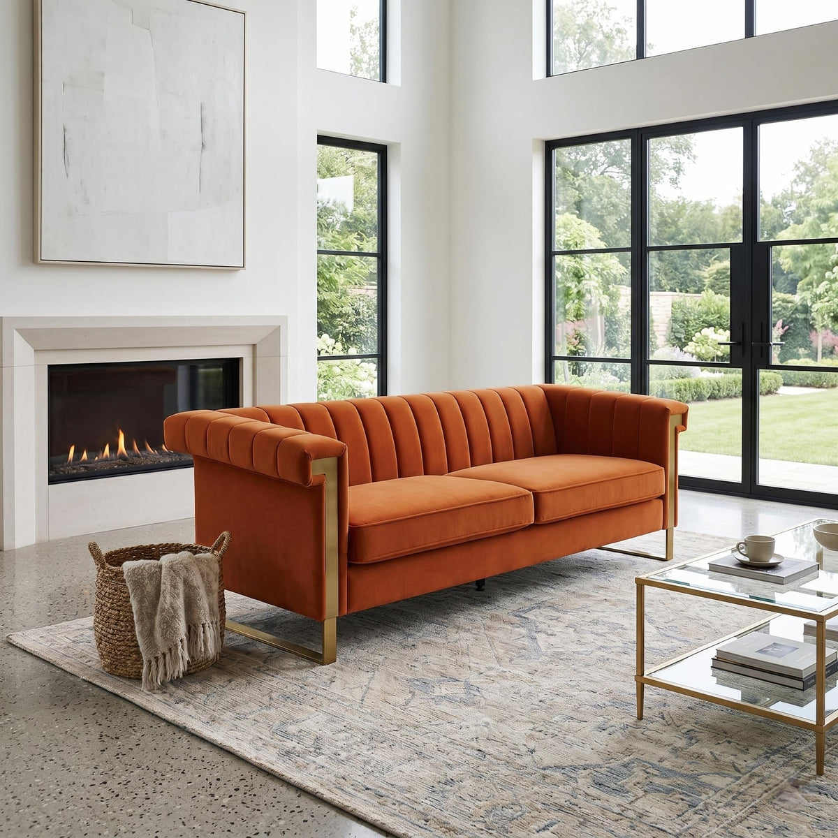 Orange Velvet 3 Seater Sofa with Gold Metal Legs U415