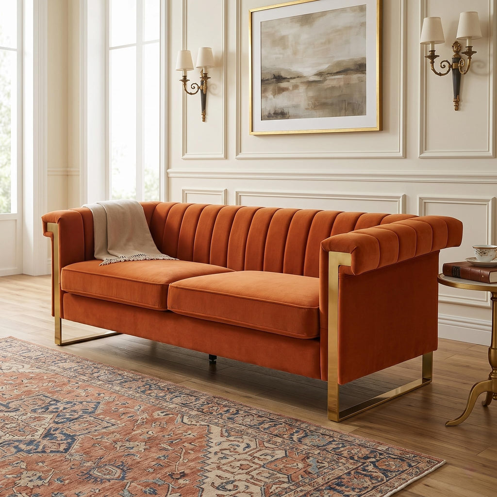 Orange Velvet 3 Seater Sofa with Gold Metal Legs U415